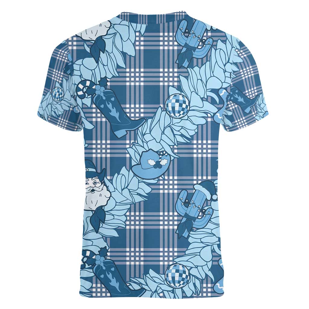 Blue Palaka Hawaii Cowboy Christmas Women V-Neck T-Shirt Paniolo Mix Maile Lei - Polynesian Pride