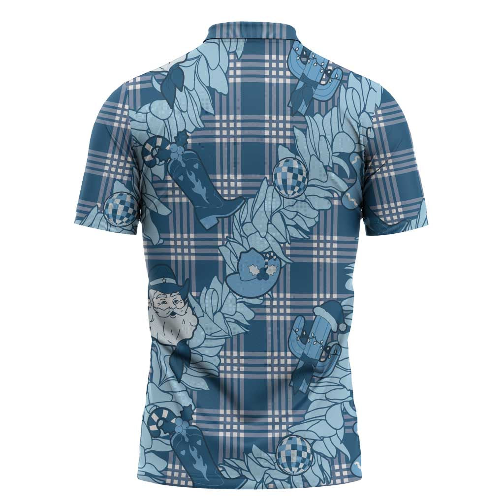 Blue Palaka Hawaii Cowboy Christmas Zipper Polo Shirt Paniolo Mix Maile Lei - Polynesian Pride