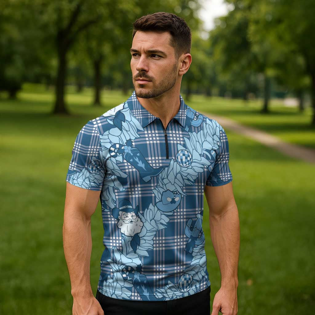 Blue Palaka Hawaii Cowboy Christmas Zipper Polo Shirt Paniolo Mix Maile Lei - Polynesian Pride