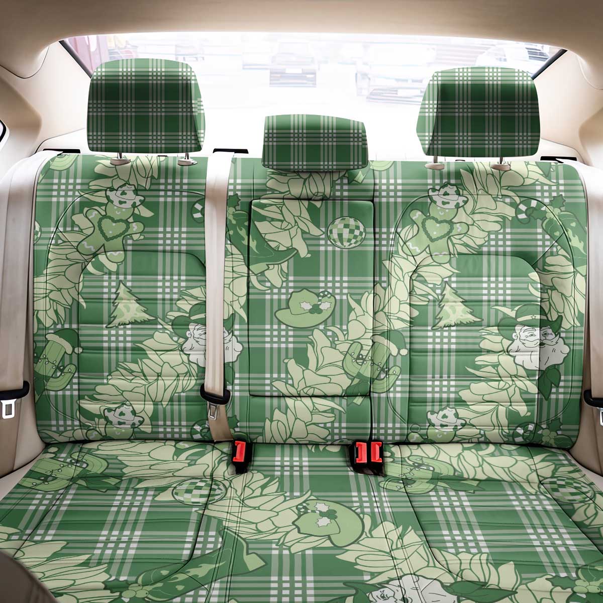 Green Palaka Hawaii Cowboy Christmas Back Car Seat Cover Paniolo Mix Maile Lei - Polynesian Pride