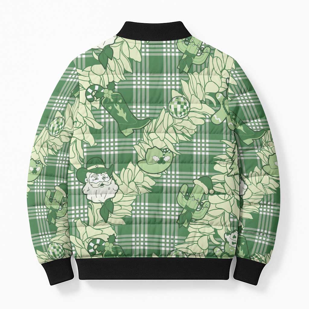 Green Palaka Hawaii Cowboy Christmas Bomber Puffer Jacket Paniolo Mix Maile Lei - Polynesian Pride