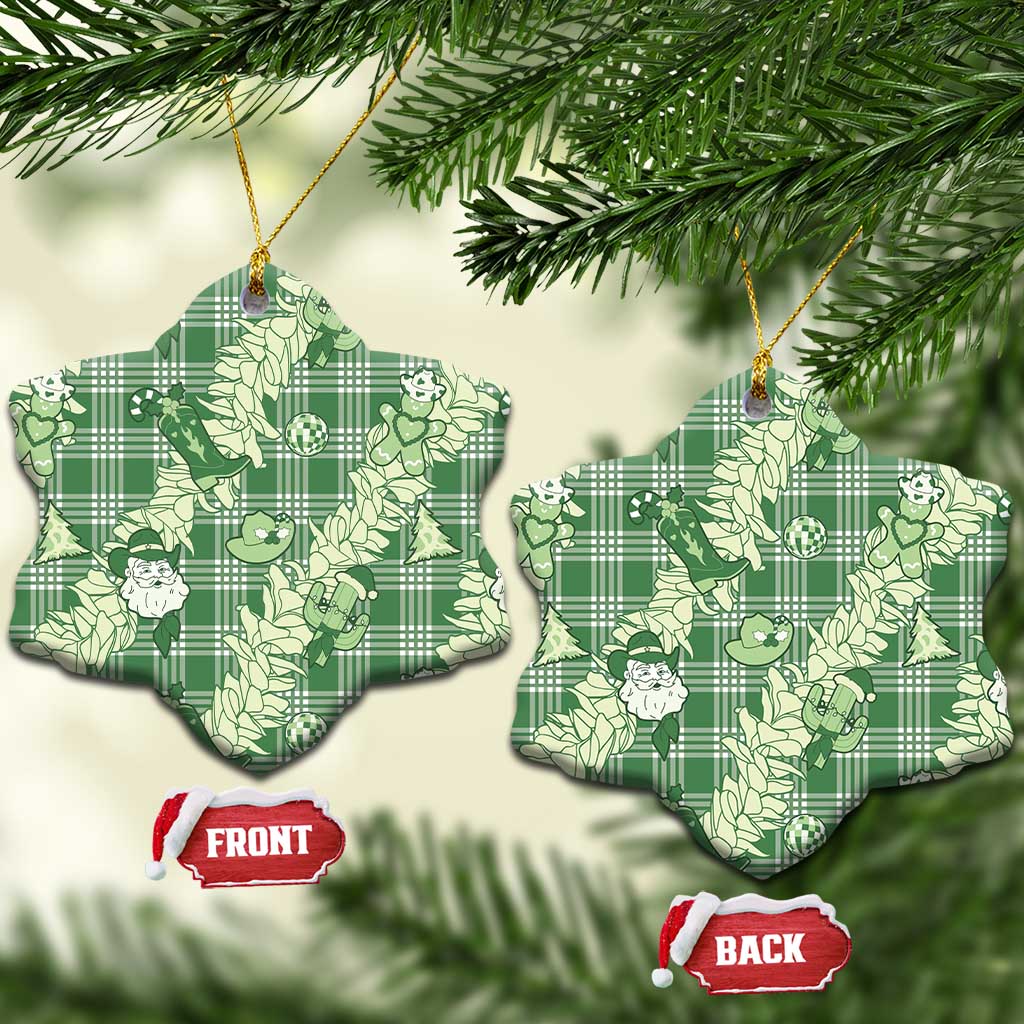 Green Palaka Hawaii Cowboy Christmas Ceramic Ornament Paniolo Mix Maile Lei - Polynesian Pride