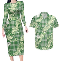 Green Palaka Hawaii Cowboy Christmas Couples Matching Long Sleeve Bodycon Dress and Hawaiian Shirt Paniolo Mix Maile Lei LT7 Green - Polynesian Pride