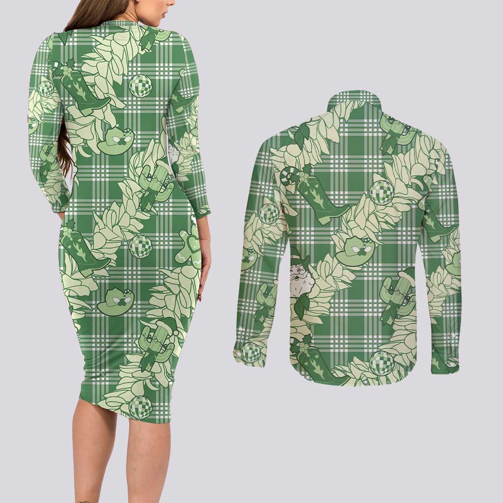 Green Palaka Hawaii Cowboy Christmas Couples Matching Long Sleeve Bodycon Dress and Long Sleeve Button Shirt Paniolo Mix Maile Lei - Polynesian Pride