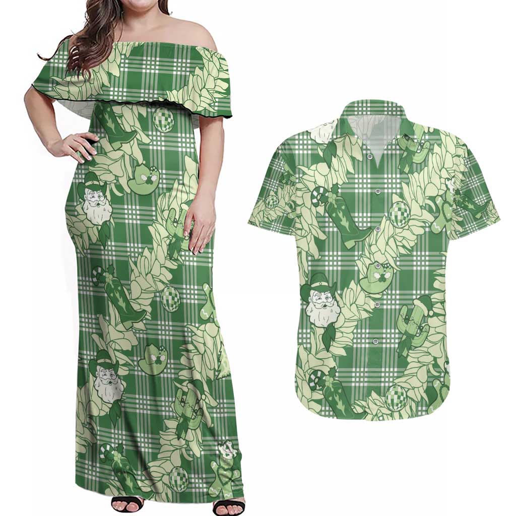 Green Palaka Hawaii Cowboy Christmas Couples Matching Off Shoulder Maxi Dress and Hawaiian Shirt Paniolo Mix Maile Lei - Polynesian Pride