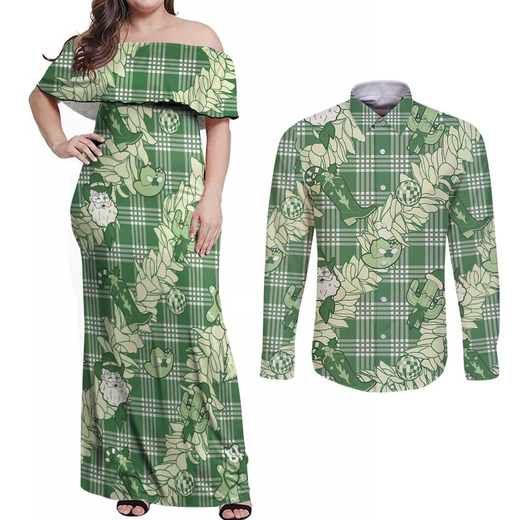 Green Palaka Hawaii Cowboy Christmas Couples Matching Off Shoulder Maxi Dress and Long Sleeve Button Shirt Paniolo Mix Maile Lei - Polynesian Pride