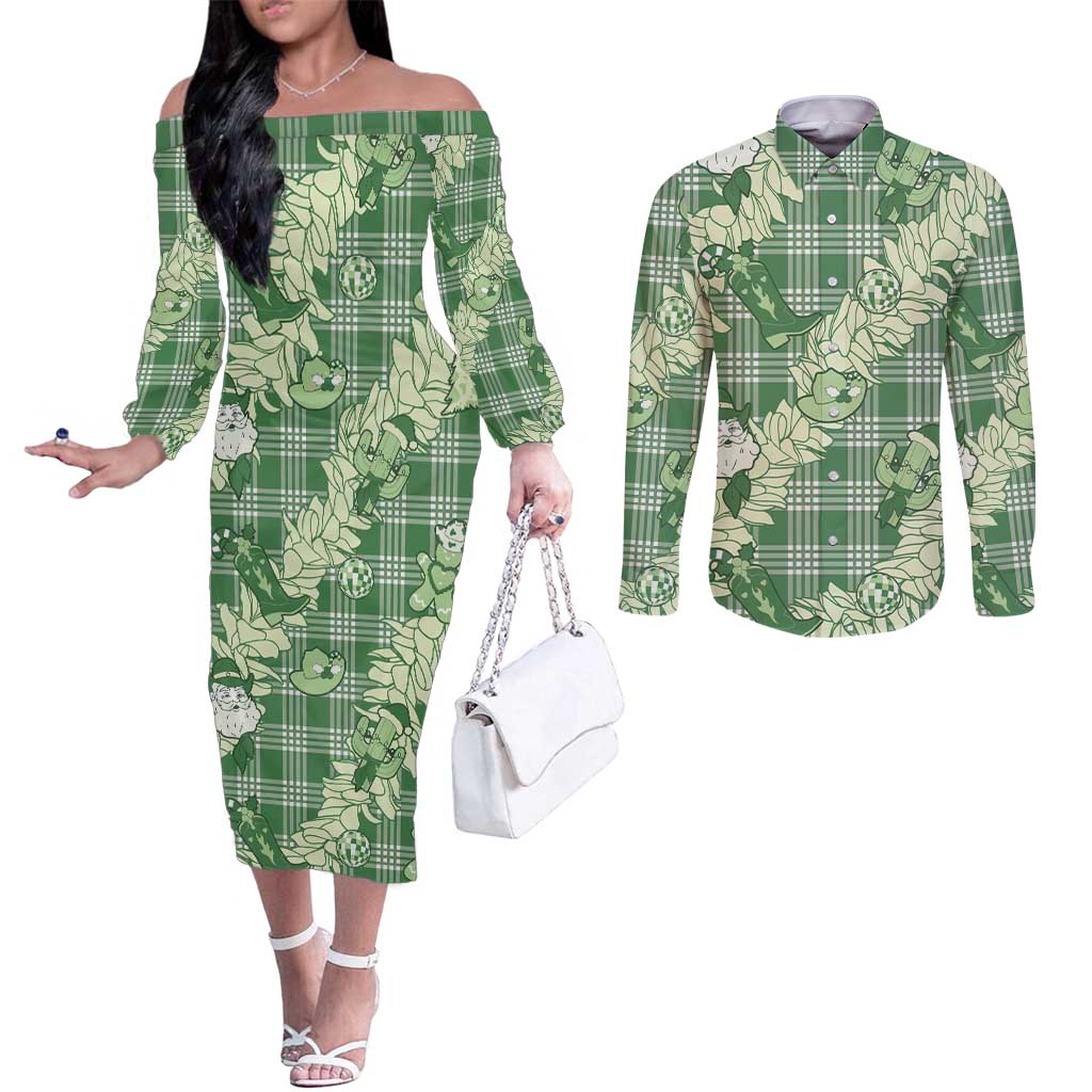 Green Palaka Hawaii Cowboy Christmas Couples Matching Off The Shoulder Long Sleeve Dress and Long Sleeve Button Shirt Paniolo Mix Maile Lei - Polynesian Pride
