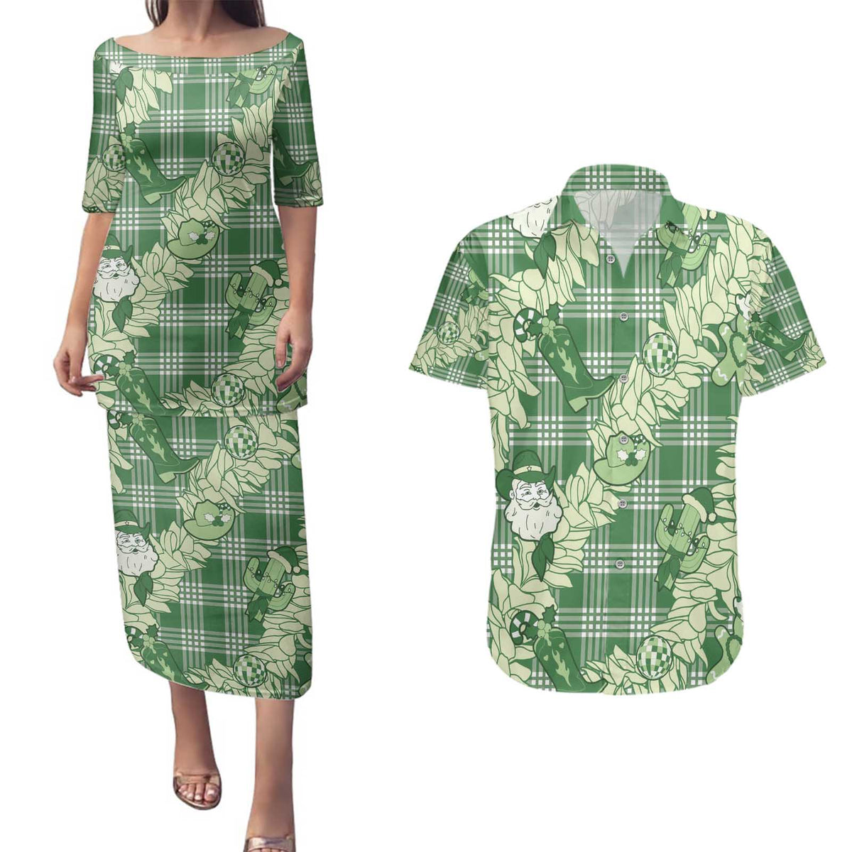 Green Palaka Hawaii Cowboy Christmas Couples Matching Puletasi and Hawaiian Shirt Paniolo Mix Maile Lei LT7 Green - Polynesian Pride