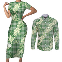 Green Palaka Hawaii Cowboy Christmas Couples Matching Short Sleeve Bodycon Dress and Long Sleeve Button Shirt Paniolo Mix Maile Lei - Polynesian Pride