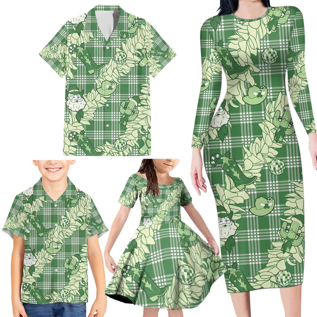 Green Palaka Hawaii Cowboy Christmas Family Matching Long Sleeve Bodycon Dress and Hawaiian Shirt Paniolo Mix Maile Lei - Polynesian Pride