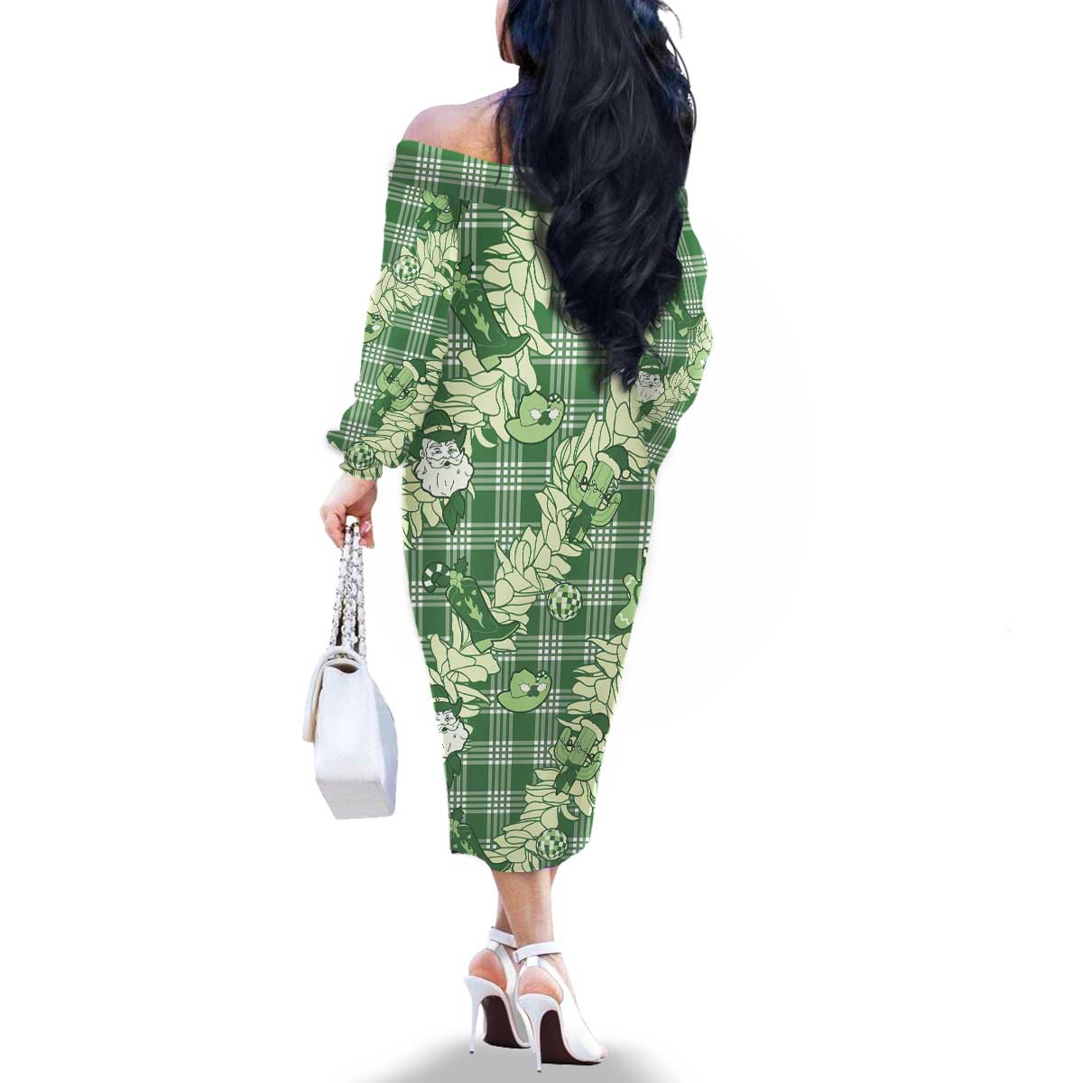 Green Palaka Hawaii Cowboy Christmas Family Matching Off The Shoulder Long Sleeve Dress and Hawaiian Shirt Paniolo Mix Maile Lei - Polynesian Pride