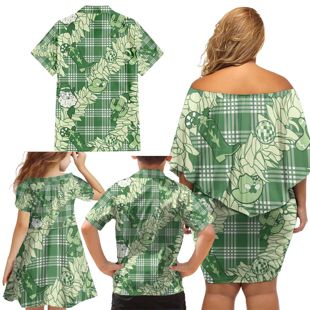 Green Palaka Hawaii Cowboy Christmas Family Matching Off Shoulder Short Dress and Hawaiian Shirt Paniolo Mix Maile Lei - Polynesian Pride