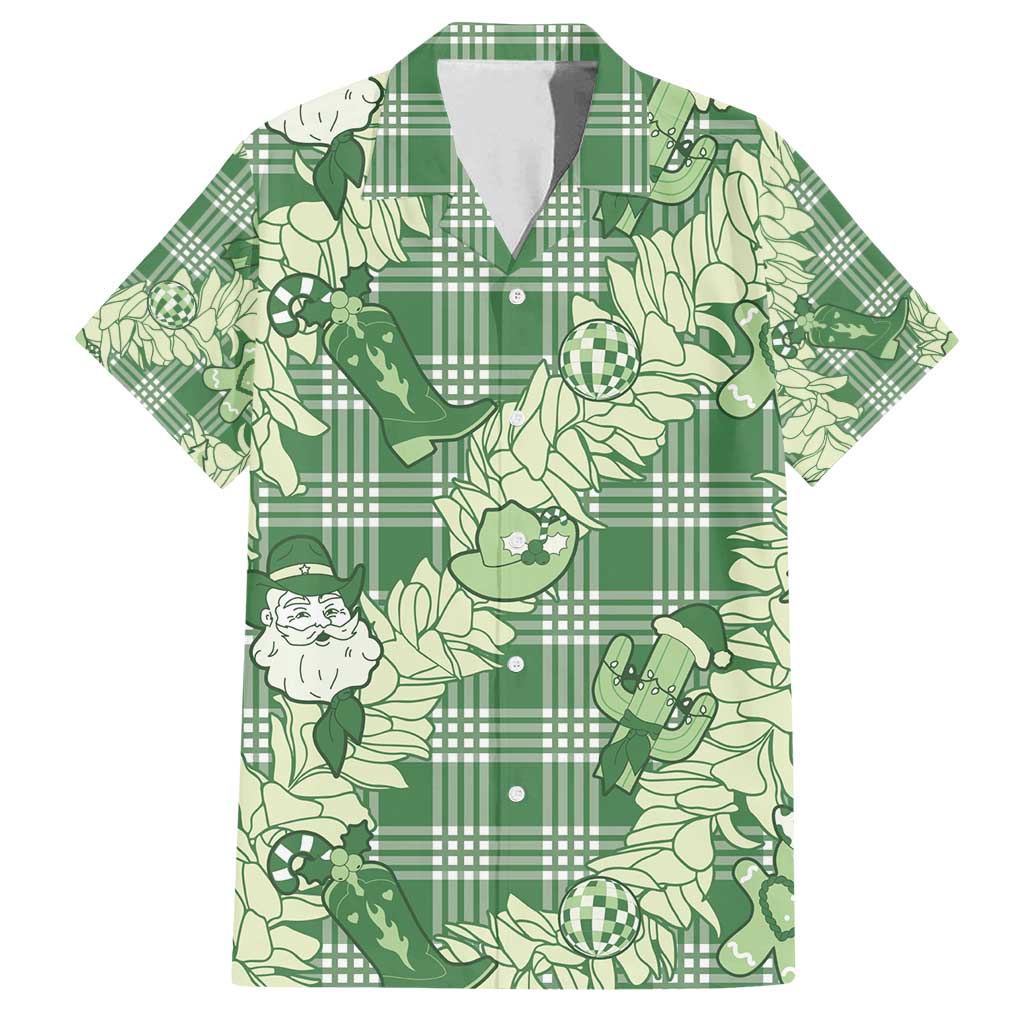 Green Palaka Hawaii Cowboy Christmas Family Matching Off Shoulder Short Dress and Hawaiian Shirt Paniolo Mix Maile Lei - Polynesian Pride