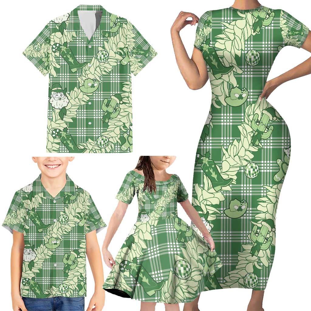 Green Palaka Hawaii Cowboy Christmas Family Matching Short Sleeve Bodycon Dress and Hawaiian Shirt Paniolo Mix Maile Lei - Polynesian Pride