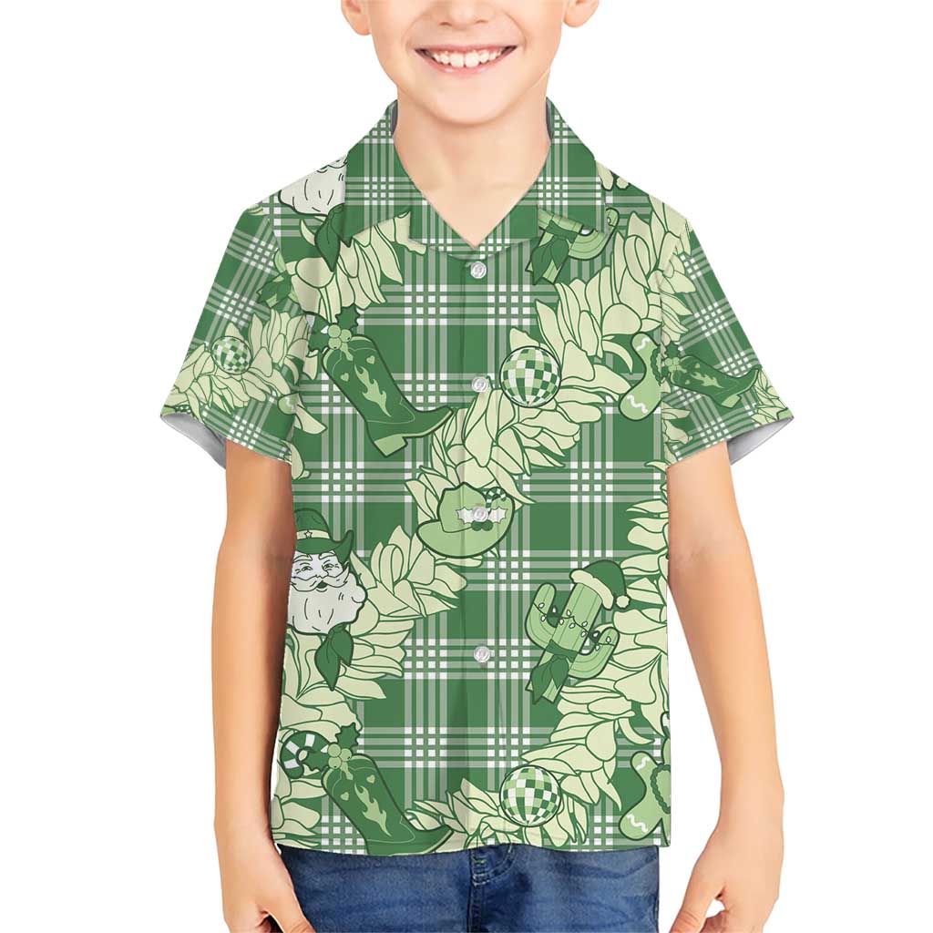 Green Palaka Hawaii Cowboy Christmas Family Matching Short Sleeve Bodycon Dress and Hawaiian Shirt Paniolo Mix Maile Lei - Polynesian Pride