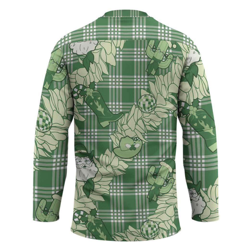 Green Palaka Hawaii Cowboy Christmas Hockey Jersey Paniolo Mix Maile Lei - Polynesian Pride