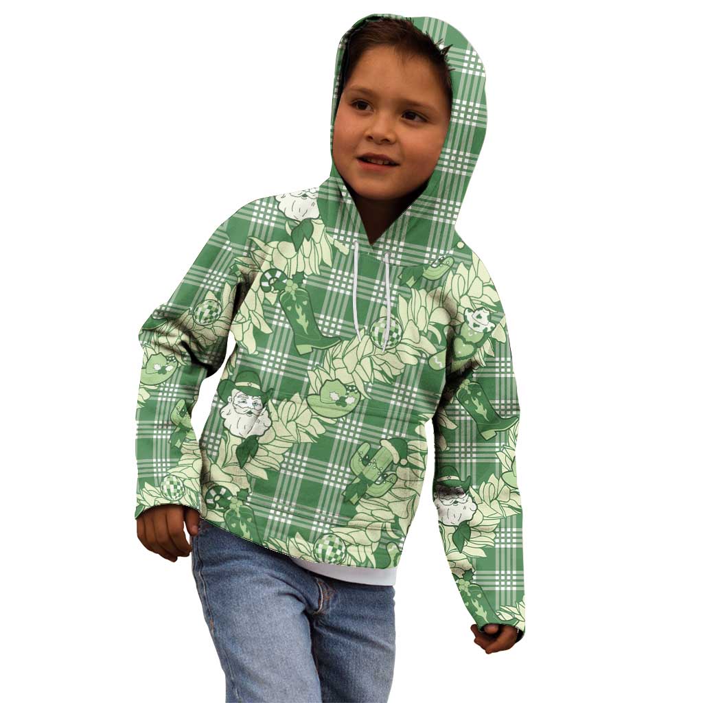 Green Palaka Hawaii Cowboy Christmas Kid Hoodie Paniolo Mix Maile Lei - Polynesian Pride
