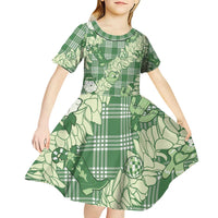 Green Palaka Hawaii Cowboy Christmas Kid Short Sleeve Dress Paniolo Mix Maile Lei - Polynesian Pride
