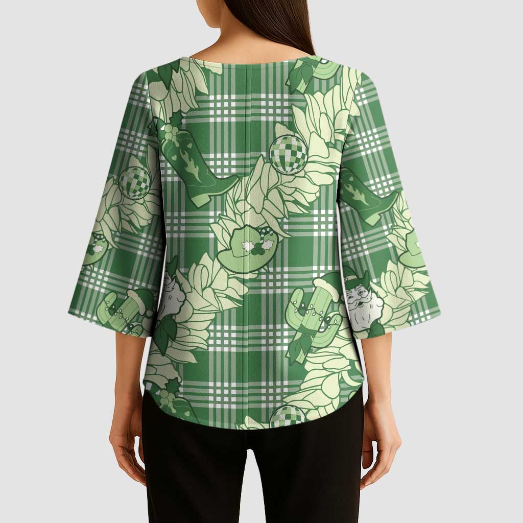 Green Palaka Hawaii Cowboy Christmas Kimono Sleeve Blouse Paniolo Mix Maile Lei - Polynesian Pride