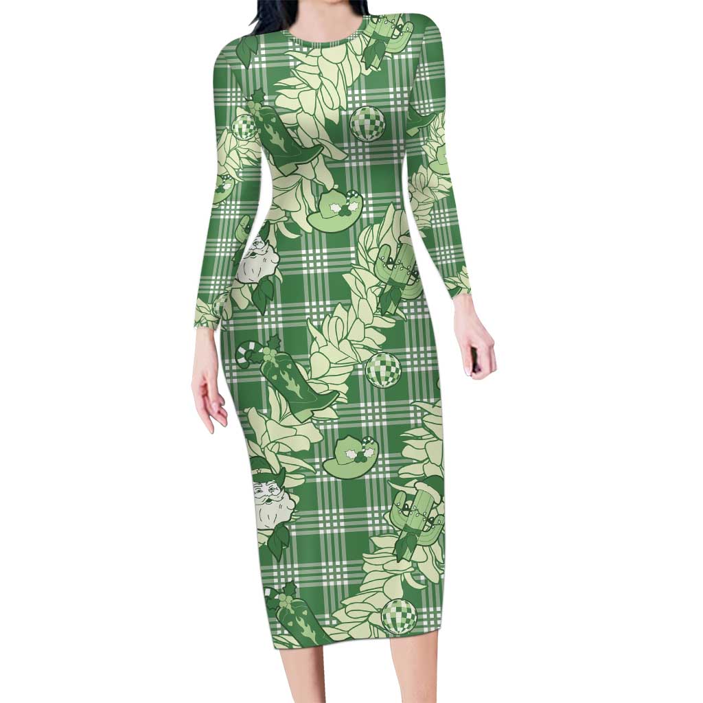 Green Palaka Hawaii Cowboy Christmas Long Sleeve Bodycon Dress Paniolo Mix Maile Lei - Polynesian Pride