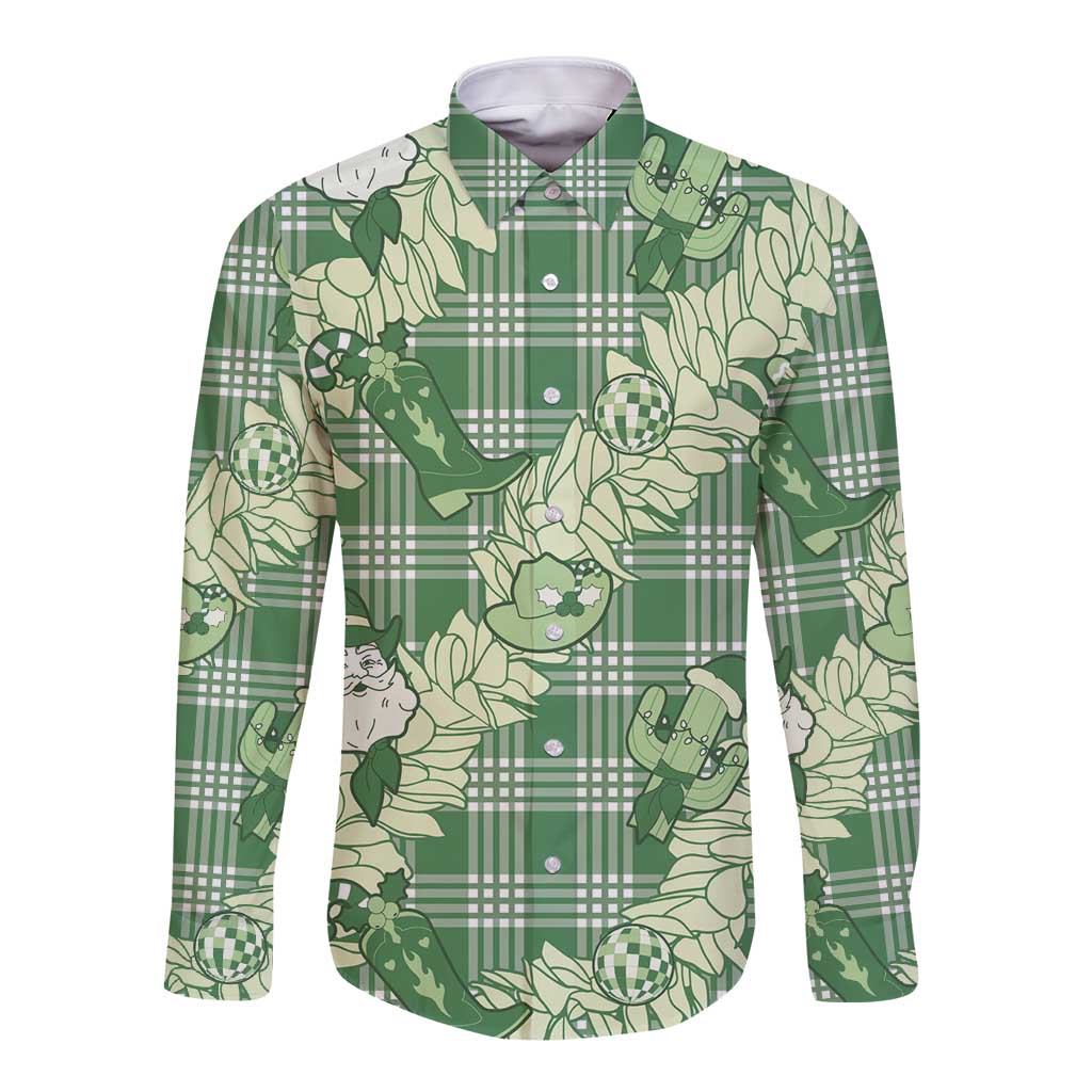 Green Palaka Hawaii Cowboy Christmas Long Sleeve Button Shirt Paniolo Mix Maile Lei - Polynesian Pride