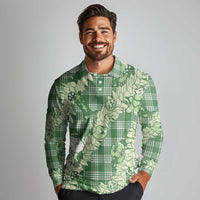 Green Palaka Hawaii Cowboy Christmas Long Sleeve Polo Shirt Paniolo Mix Maile Lei - Polynesian Pride