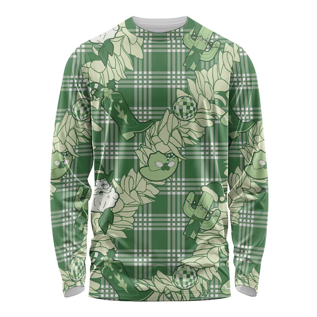 Green Palaka Hawaii Cowboy Christmas Long Sleeve Shirt Paniolo Mix Maile Lei - Polynesian Pride