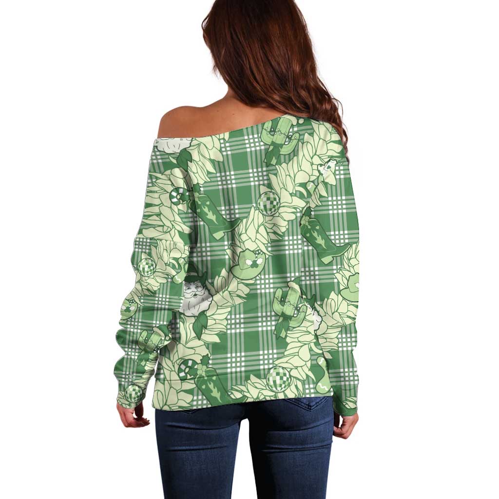 Green Palaka Hawaii Cowboy Christmas Off Shoulder Sweater Paniolo Mix Maile Lei - Polynesian Pride