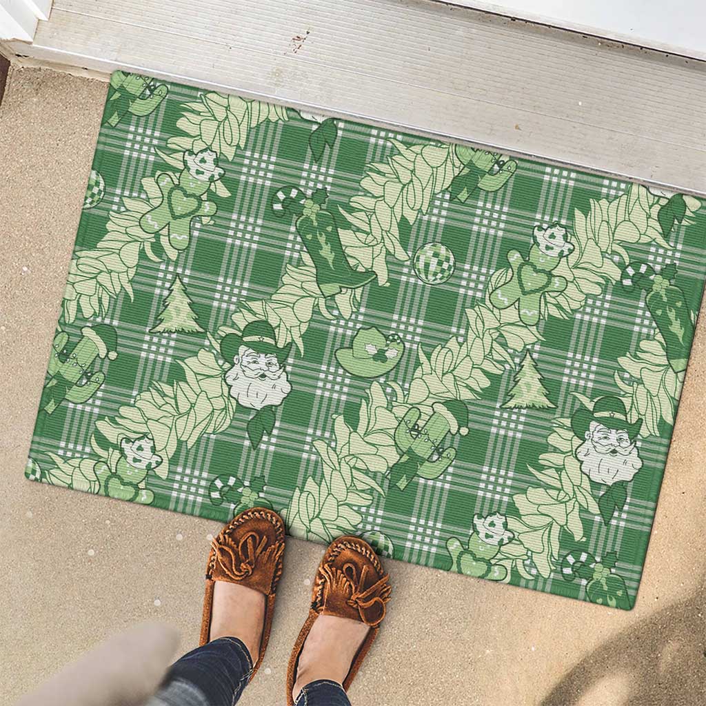 Green Palaka Hawaii Cowboy Christmas Rubber Doormat Paniolo Mix Maile Lei - Polynesian Pride