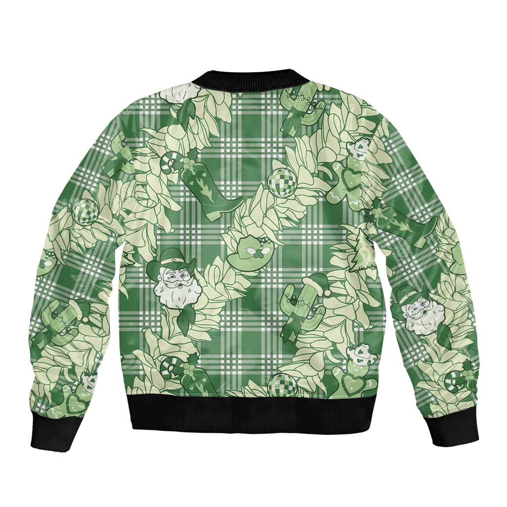 Green Palaka Hawaii Cowboy Christmas Sleeve Zip Bomber Jacket Paniolo Mix Maile Lei - Polynesian Pride