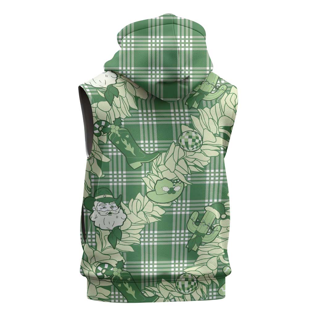 Green Palaka Hawaii Cowboy Christmas Sleeveless Hoodie Paniolo Mix Maile Lei - Polynesian Pride