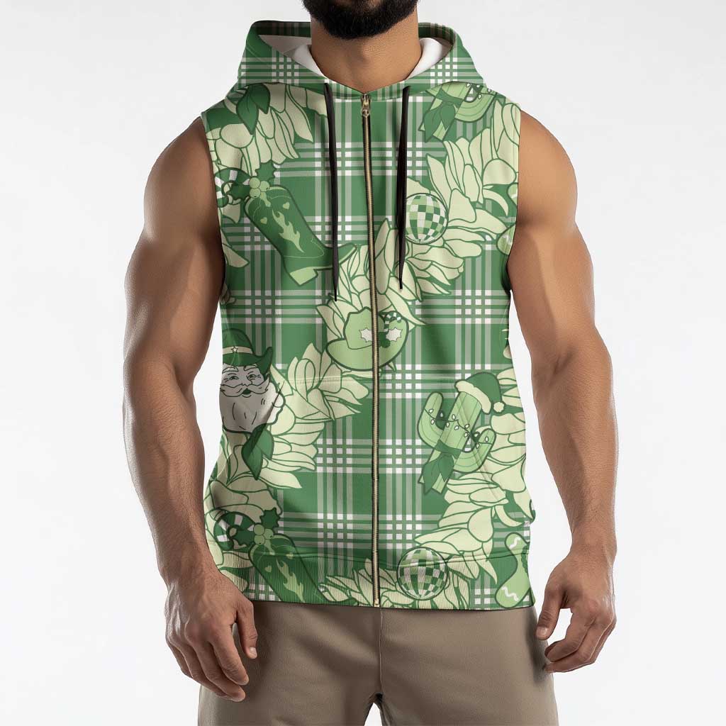 Green Palaka Hawaii Cowboy Christmas Sleeveless Zip Hoodie Paniolo Mix Maile Lei - Polynesian Pride