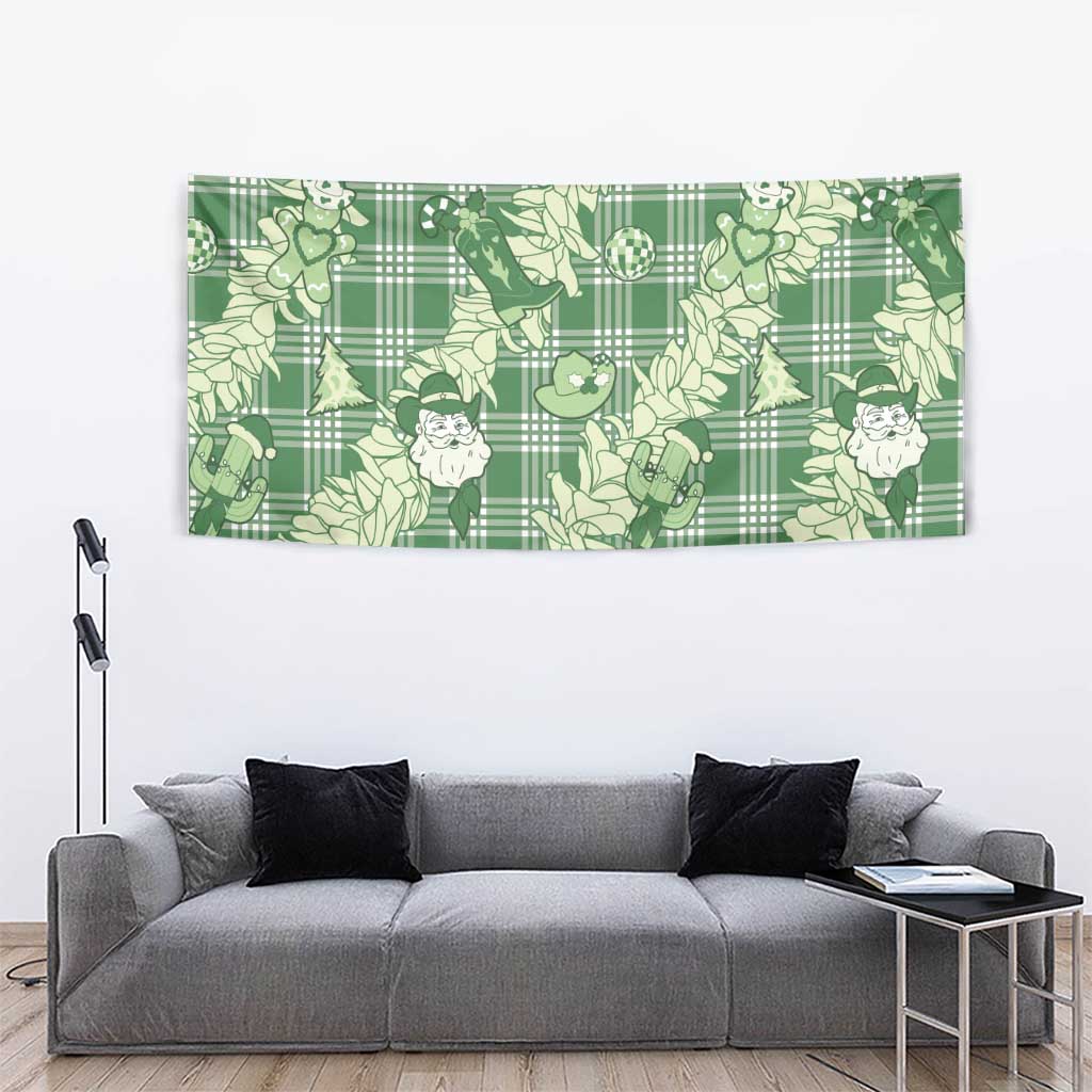 Green Palaka Hawaii Cowboy Christmas Tapestry Paniolo Mix Maile Lei - Polynesian Pride