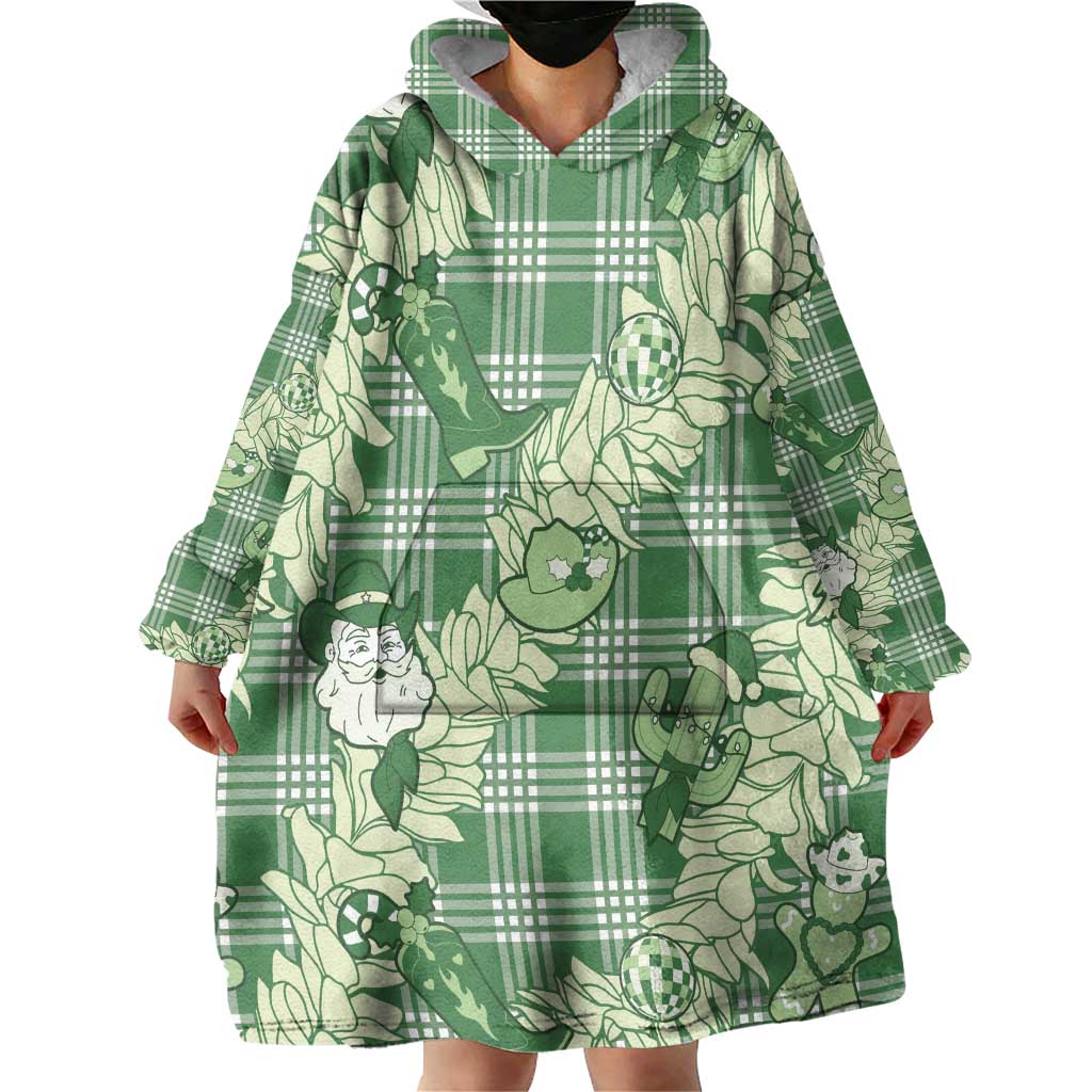 Green Palaka Hawaii Cowboy Christmas Wearable Blanket Hoodie Paniolo Mix Maile Lei - Polynesian Pride