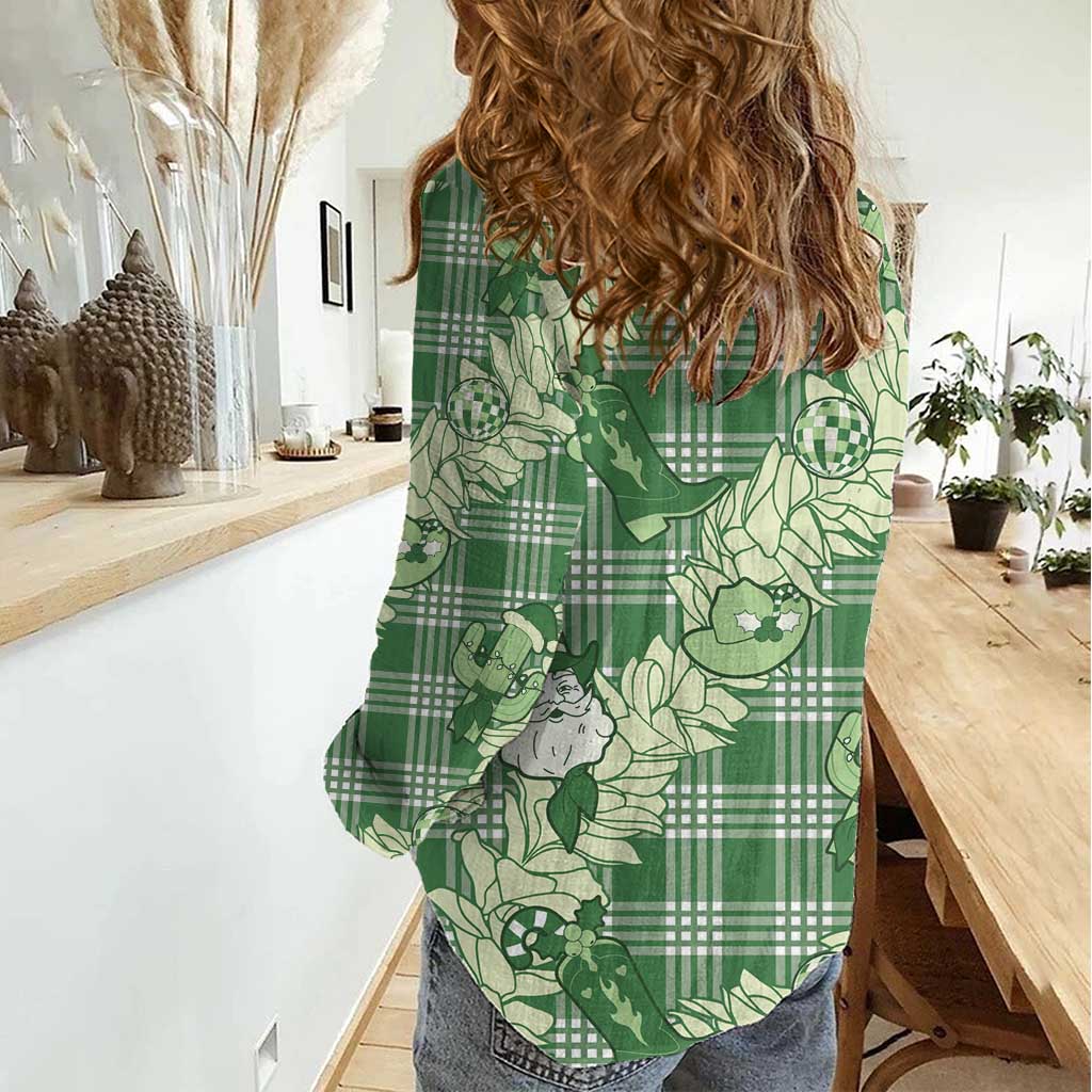 Green Palaka Hawaii Cowboy Christmas Women Casual Shirt Paniolo Mix Maile Lei - Polynesian Pride