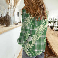 Green Palaka Hawaii Cowboy Christmas Women Casual Shirt Paniolo Mix Maile Lei - Polynesian Pride