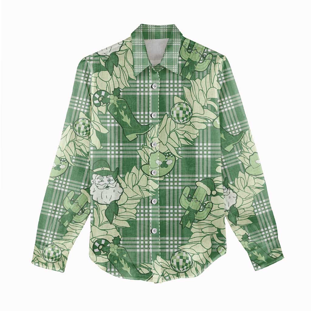 Green Palaka Hawaii Cowboy Christmas Women Casual Shirt Paniolo Mix Maile Lei - Polynesian Pride