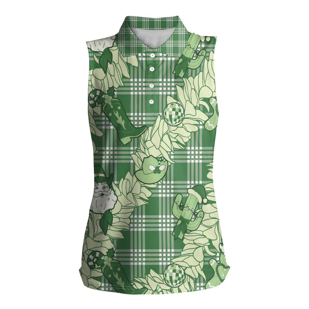 Green Palaka Hawaii Cowboy Christmas Women Sleeveless Polo Shirt Paniolo Mix Maile Lei - Polynesian Pride