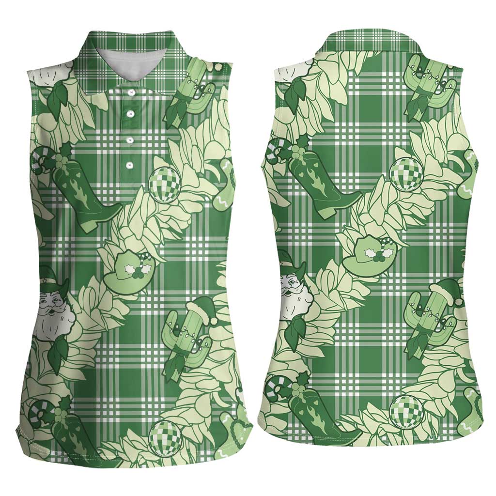 Green Palaka Hawaii Cowboy Christmas Women Sleeveless Polo Shirt Paniolo Mix Maile Lei - Polynesian Pride