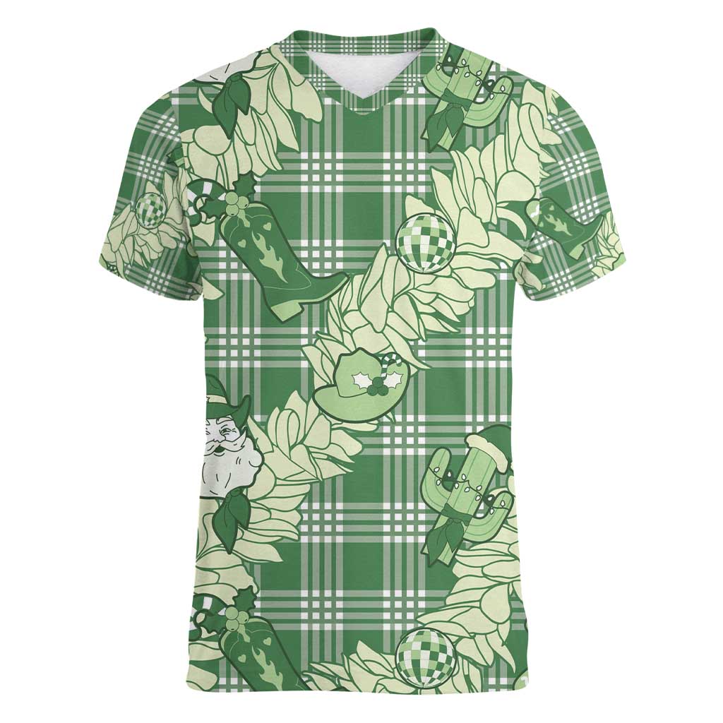 Green Palaka Hawaii Cowboy Christmas Women V-Neck T-Shirt Paniolo Mix Maile Lei - Polynesian Pride