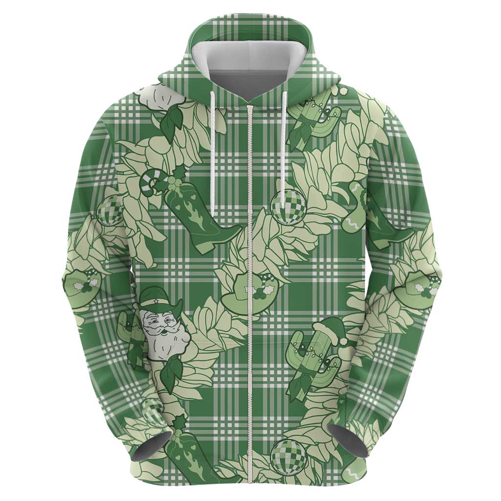 Green Palaka Hawaii Cowboy Christmas Zip Hoodie Paniolo Mix Maile Lei - Polynesian Pride