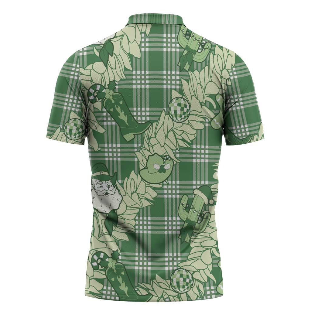 Green Palaka Hawaii Cowboy Christmas Zipper Polo Shirt Paniolo Mix Maile Lei - Polynesian Pride