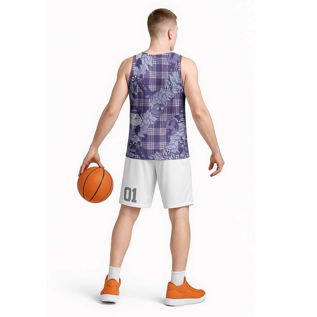 Purple Palaka Hawaii Cowboy Christmas Basketball Jersey Paniolo Mix Maile Lei - Polynesian Pride