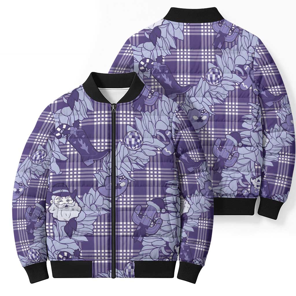 Purple Palaka Hawaii Cowboy Christmas Bomber Puffer Jacket Paniolo Mix Maile Lei - Polynesian Pride