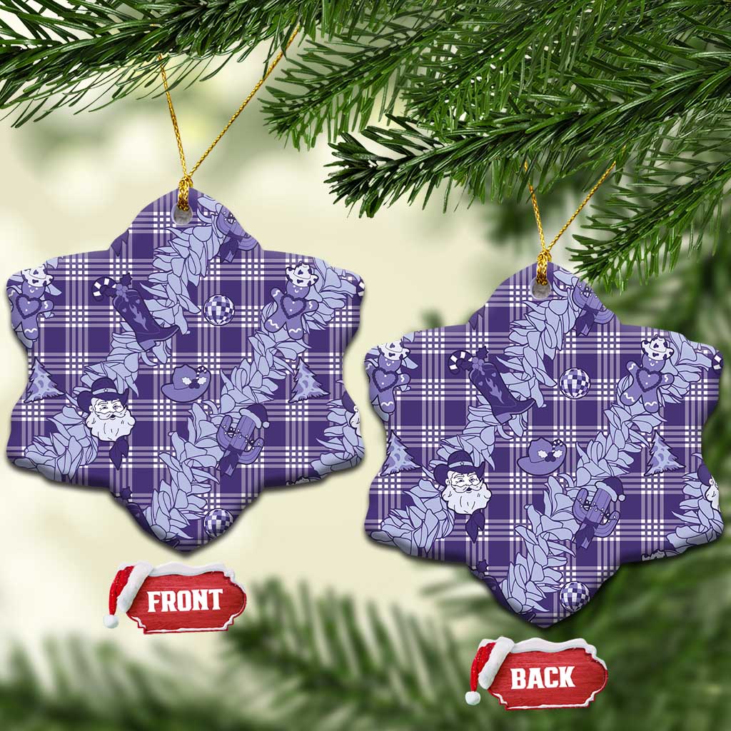 Purple Palaka Hawaii Cowboy Christmas Ceramic Ornament Paniolo Mix Maile Lei - Polynesian Pride