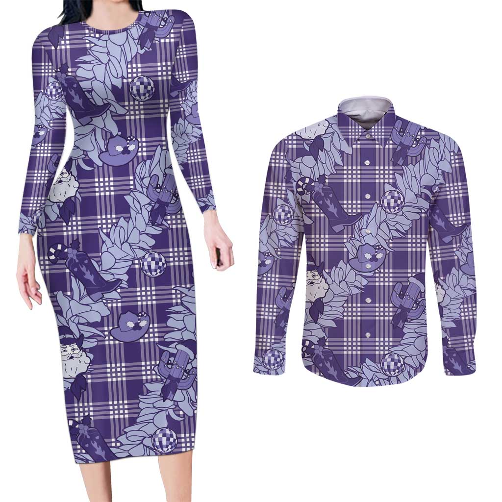 Purple Palaka Hawaii Cowboy Christmas Couples Matching Long Sleeve Bodycon Dress and Long Sleeve Button Shirt Paniolo Mix Maile Lei - Polynesian Pride