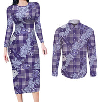 Purple Palaka Hawaii Cowboy Christmas Couples Matching Long Sleeve Bodycon Dress and Long Sleeve Button Shirt Paniolo Mix Maile Lei - Polynesian Pride