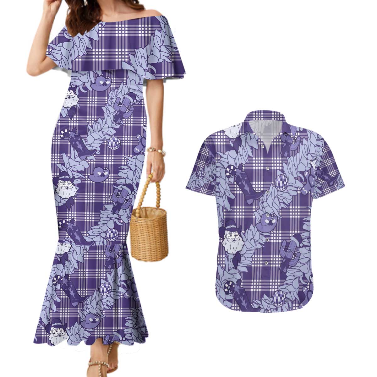 Purple Palaka Hawaii Cowboy Christmas Couples Matching Mermaid Dress and Hawaiian Shirt Paniolo Mix Maile Lei LT7 Purple - Polynesian Pride