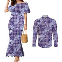 Purple Palaka Hawaii Cowboy Christmas Couples Matching Mermaid Dress and Long Sleeve Button Shirt Paniolo Mix Maile Lei - Polynesian Pride