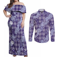 Purple Palaka Hawaii Cowboy Christmas Couples Matching Off Shoulder Maxi Dress and Long Sleeve Button Shirt Paniolo Mix Maile Lei - Polynesian Pride